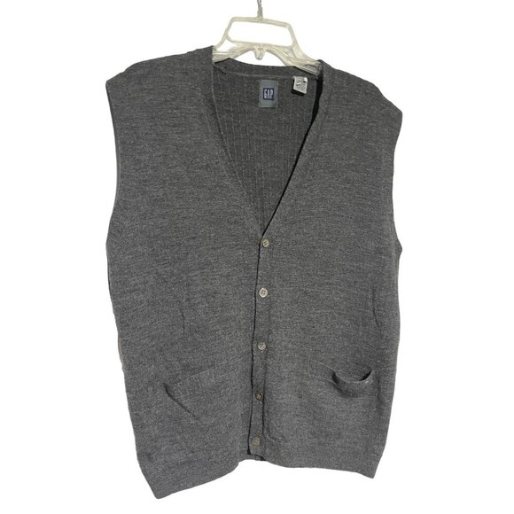 Mens Gray Wool Button-Up Sleeveless Cardigan Vest with Pockets - Picture 3 of 6